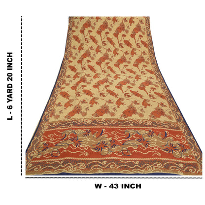Sanskriti Vintage Cream & Red Sarees Pure Crepe Floral Print 6+YD Sewing Sari