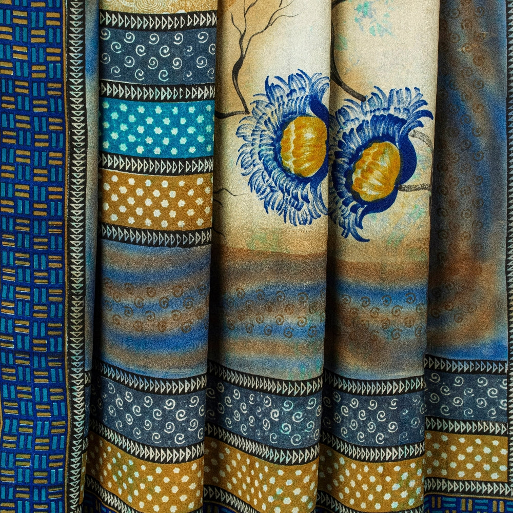 Sanskriti Vintage Blue Sarees Pure Crepe Silk Printed Fabric 5+YD Craft Sari