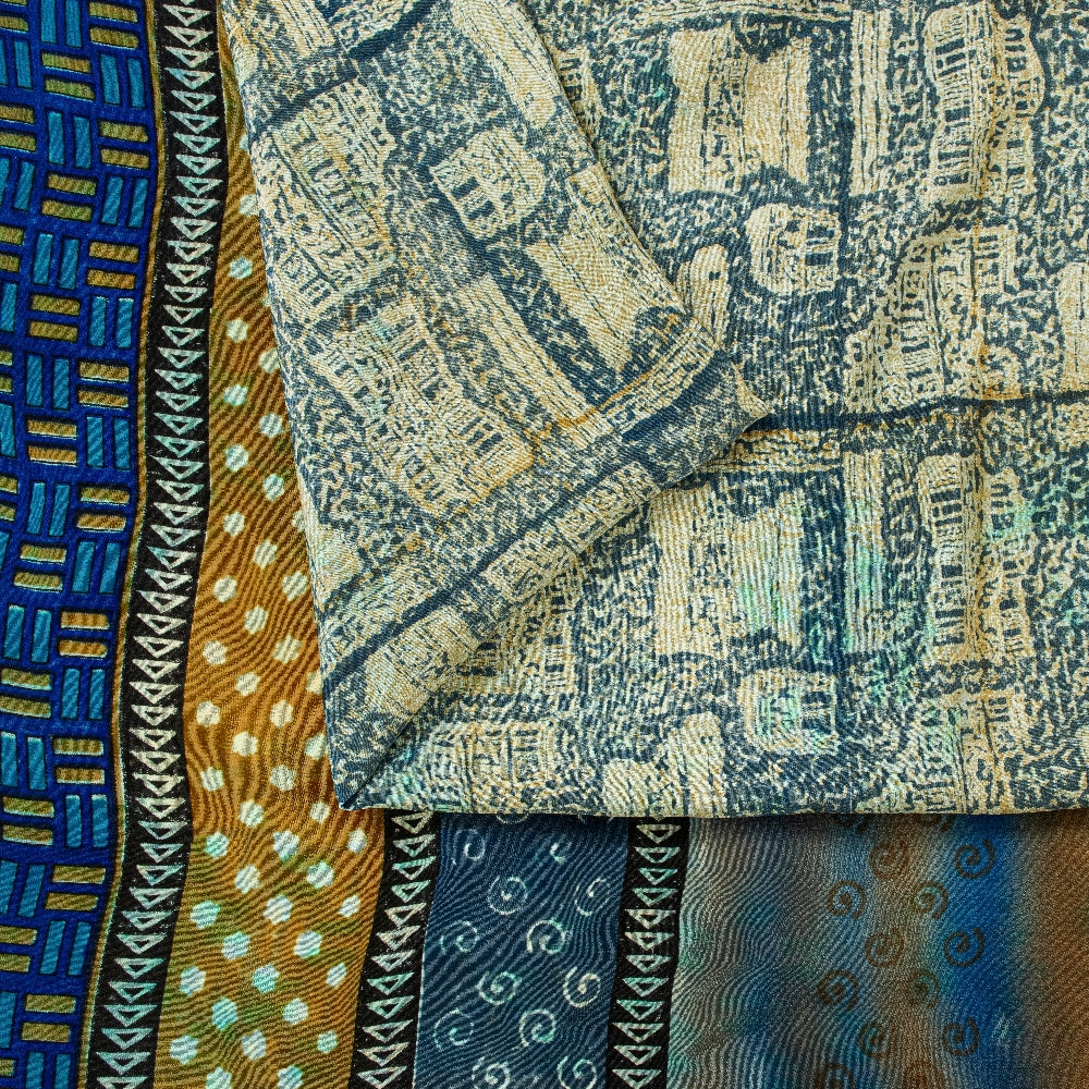 Sanskriti Vintage Blue Sarees Pure Crepe Silk Printed Fabric 5+YD Craft Sari