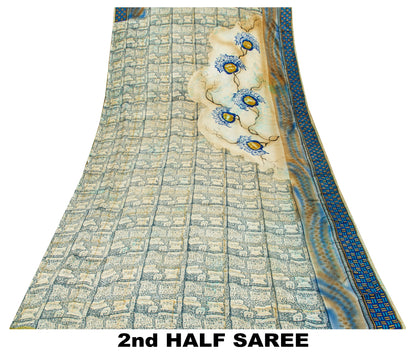 Sanskriti Vintage Blue Sarees Pure Crepe Silk Printed Fabric 5+YD Craft Sari