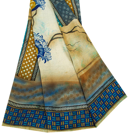 Sanskriti Vintage Blue Sarees Pure Crepe Silk Printed Fabric 5+YD Craft Sari