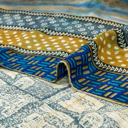 Sanskriti Vintage Blue Sarees Pure Crepe Silk Printed Fabric 5+YD Craft Sari