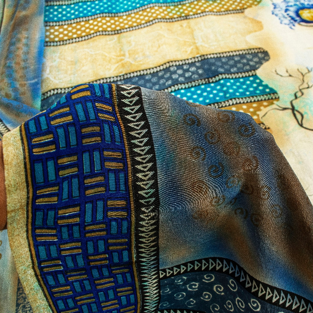 Sanskriti Vintage Blue Sarees Pure Crepe Silk Printed Fabric 5+YD Craft Sari