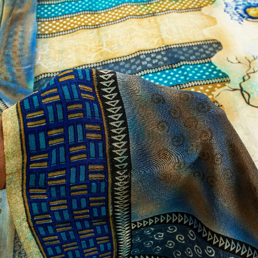 Sanskriti Vintage Blue Sarees Pure Crepe Silk Printed Fabric 5+YD Craft Sari