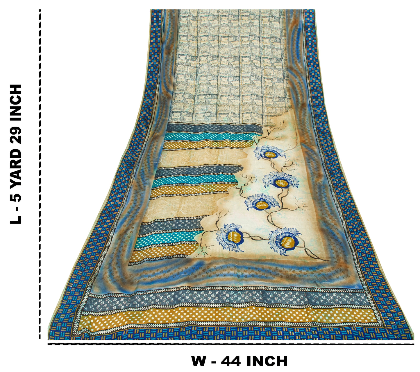 Sanskriti Vintage Blue Sarees Pure Crepe Silk Printed Fabric 5+YD Craft Sari