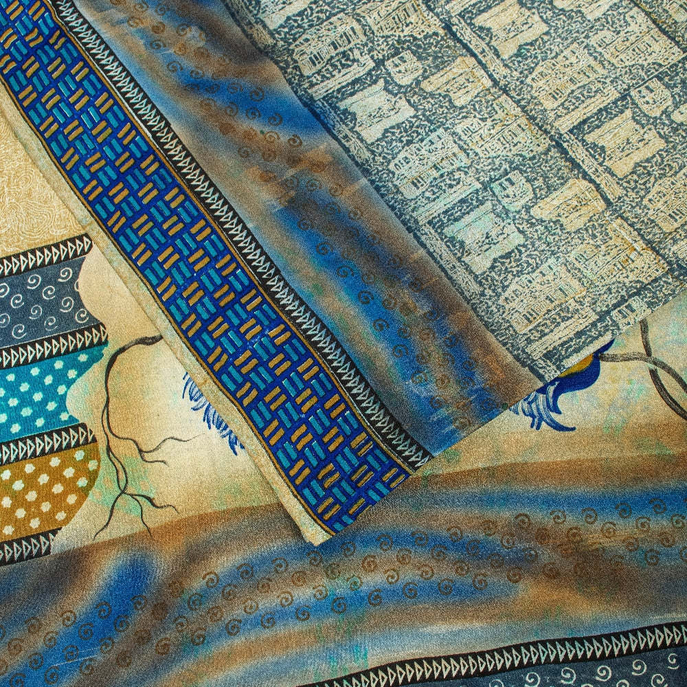 Sanskriti Vintage Blue Sarees Pure Crepe Silk Printed Fabric 5+YD Craft Sari