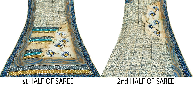 Sanskriti Vintage Blue Sarees Pure Crepe Silk Printed Fabric 5+YD Craft Sari