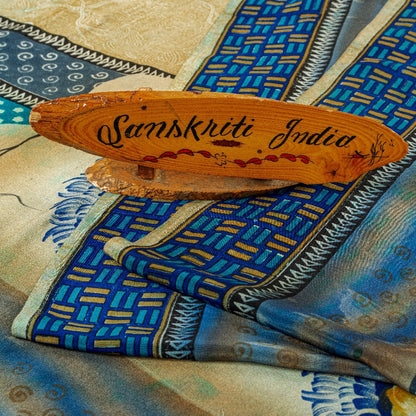 Sanskriti Vintage Blue Sarees Pure Crepe Silk Printed Fabric 5+YD Craft Sari