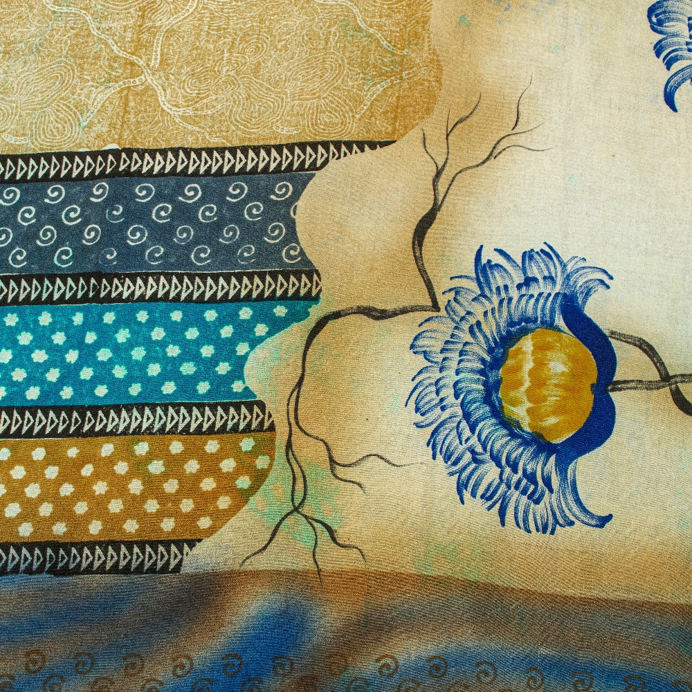 Sanskriti Vintage Blue Sarees Pure Crepe Silk Printed Fabric 5+YD Craft Sari