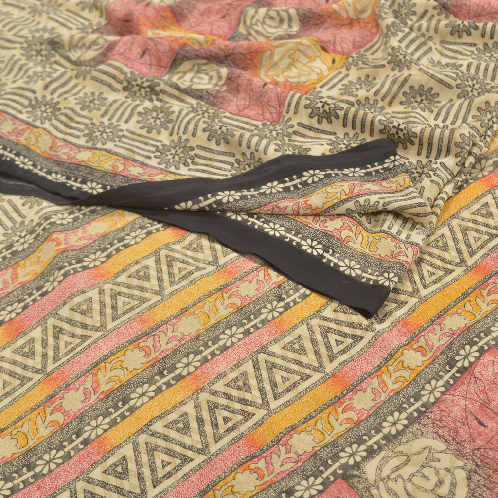 Sanskriti Vintage Cream Indian Sarees Art Silk Printed Sari Craft Sewing Fabric