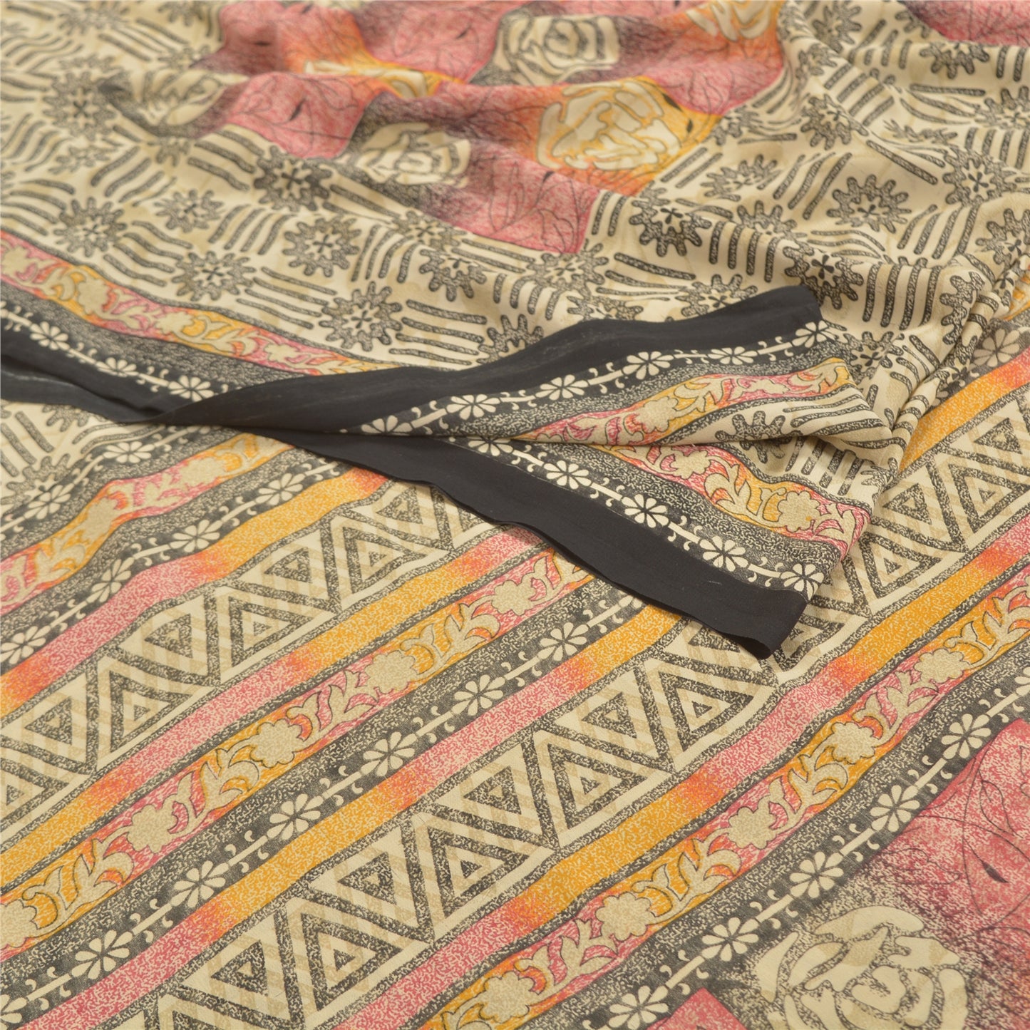 Sanskriti Vintage Cream Indian Sarees Art Silk Printed Sari Craft Sewing Fabric