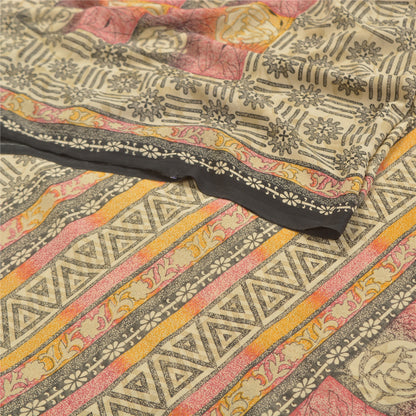 Sanskriti Vintage Cream Indian Sarees Art Silk Printed Sari Craft Sewing Fabric