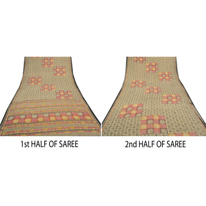 Sanskriti Vintage Cream Indian Sarees Art Silk Printed Sari Craft Sewing Fabric