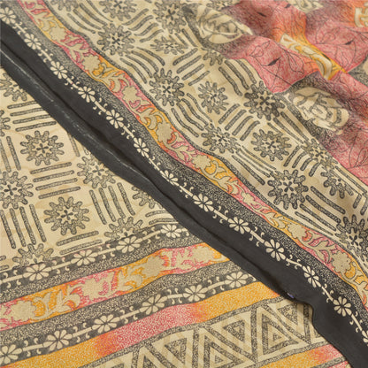 Sanskriti Vintage Cream Indian Sarees Art Silk Printed Sari Craft Sewing Fabric