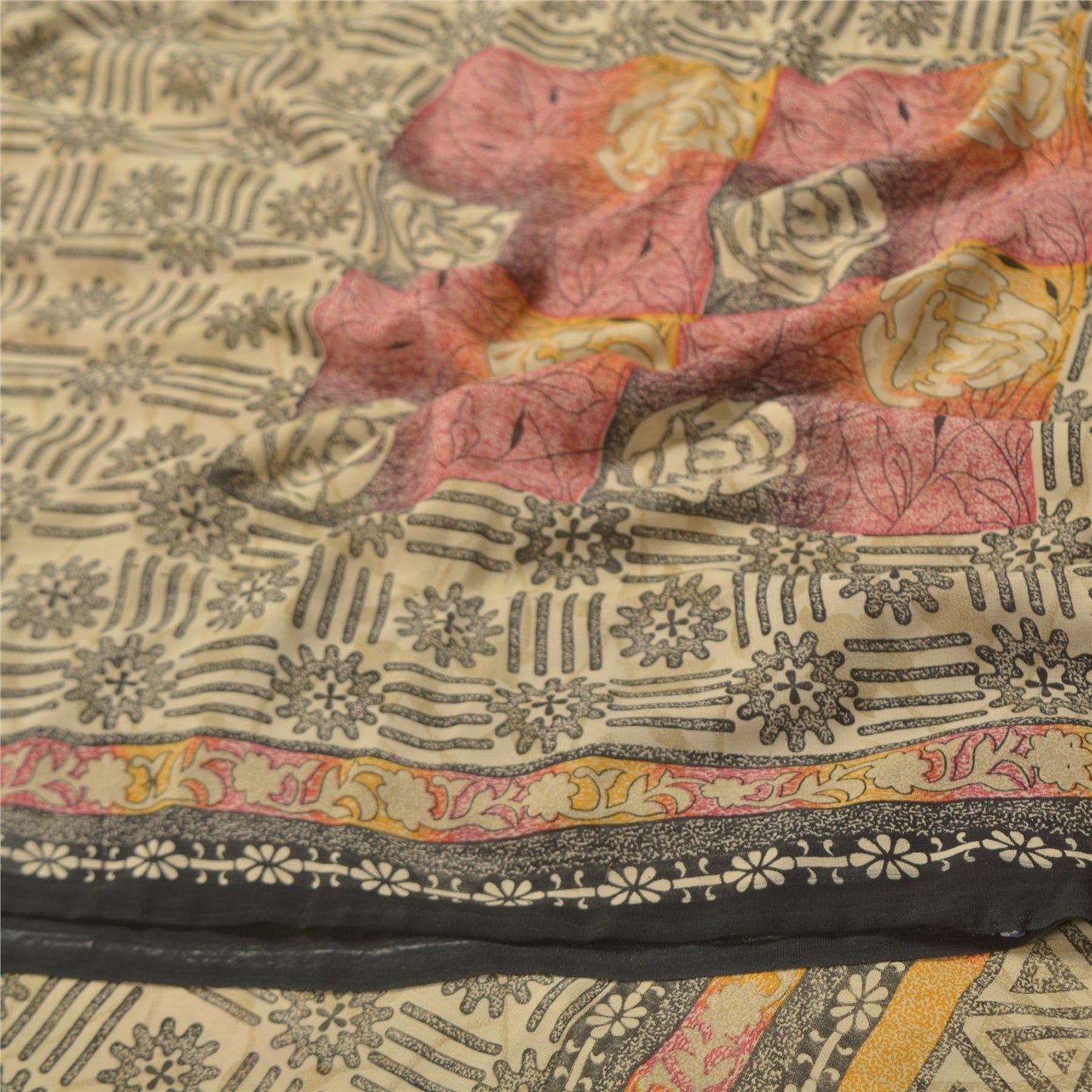 Sanskriti Vintage Cream Indian Sarees Art Silk Printed Sari Craft Sewing Fabric