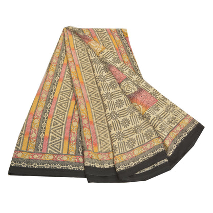 Sanskriti Vintage Cream Indian Sarees Art Silk Printed Sari Craft Sewing Fabric