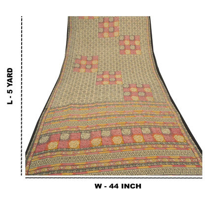 Sanskriti Vintage Cream Indian Sarees Art Silk Printed Sari Craft Sewing Fabric