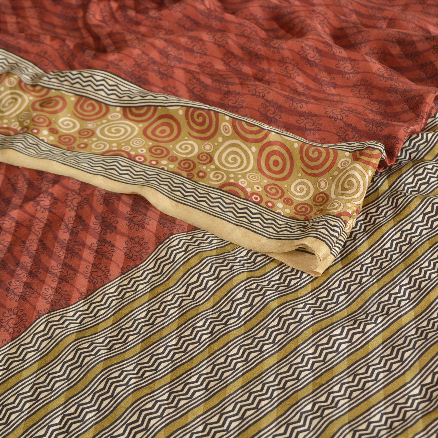 Sanskriti Vintage Dark Red Sarees Pure Crepe Silk Printed Sari 5 YD Craft Fabric