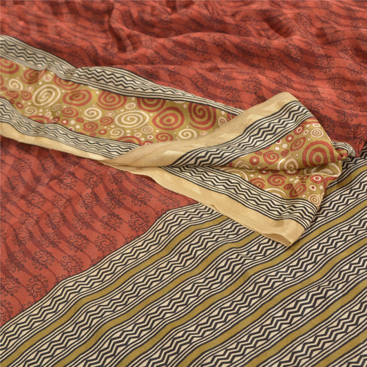 Sanskriti Vintage Dark Red Sarees Pure Crepe Silk Printed Sari 5 YD Craft Fabric