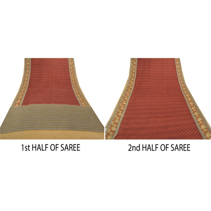 Sanskriti Vintage Dark Red Sarees Pure Crepe Silk Printed Sari 5 YD Craft Fabric