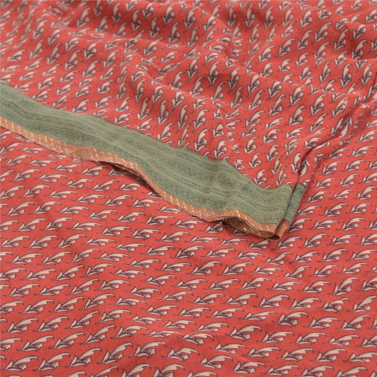 Sanskriti Vintage Red Indian Sarees Pure Crepe Printed Sari 5+yd Craft Fabric