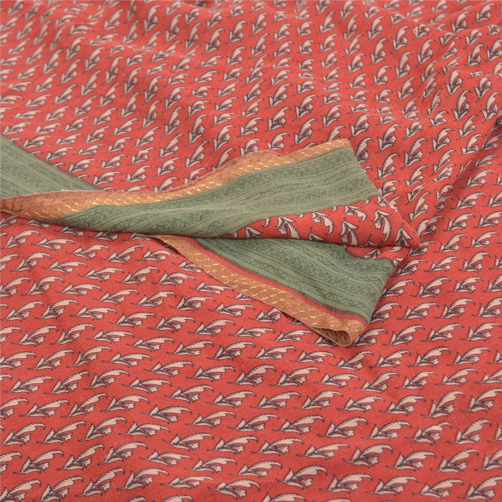 Sanskriti Vintage Red Indian Sarees Pure Crepe Printed Sari 5+yd Craft Fabric