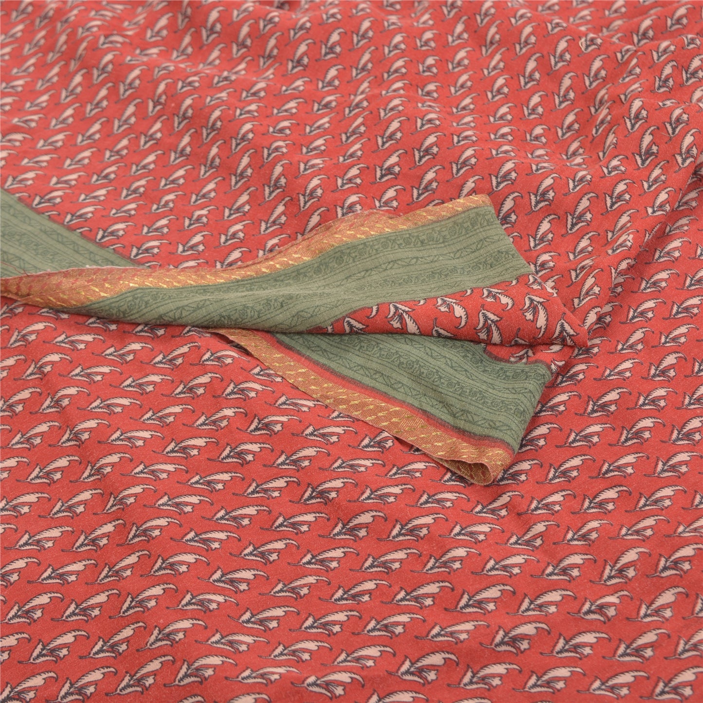 Sanskriti Vintage Red Indian Sarees Pure Crepe Printed Sari 5+yd Craft Fabric