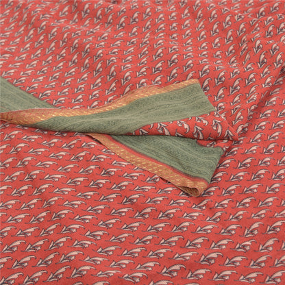 Sanskriti Vintage Red Indian Sarees Pure Crepe Printed Sari 5+yd Craft Fabric