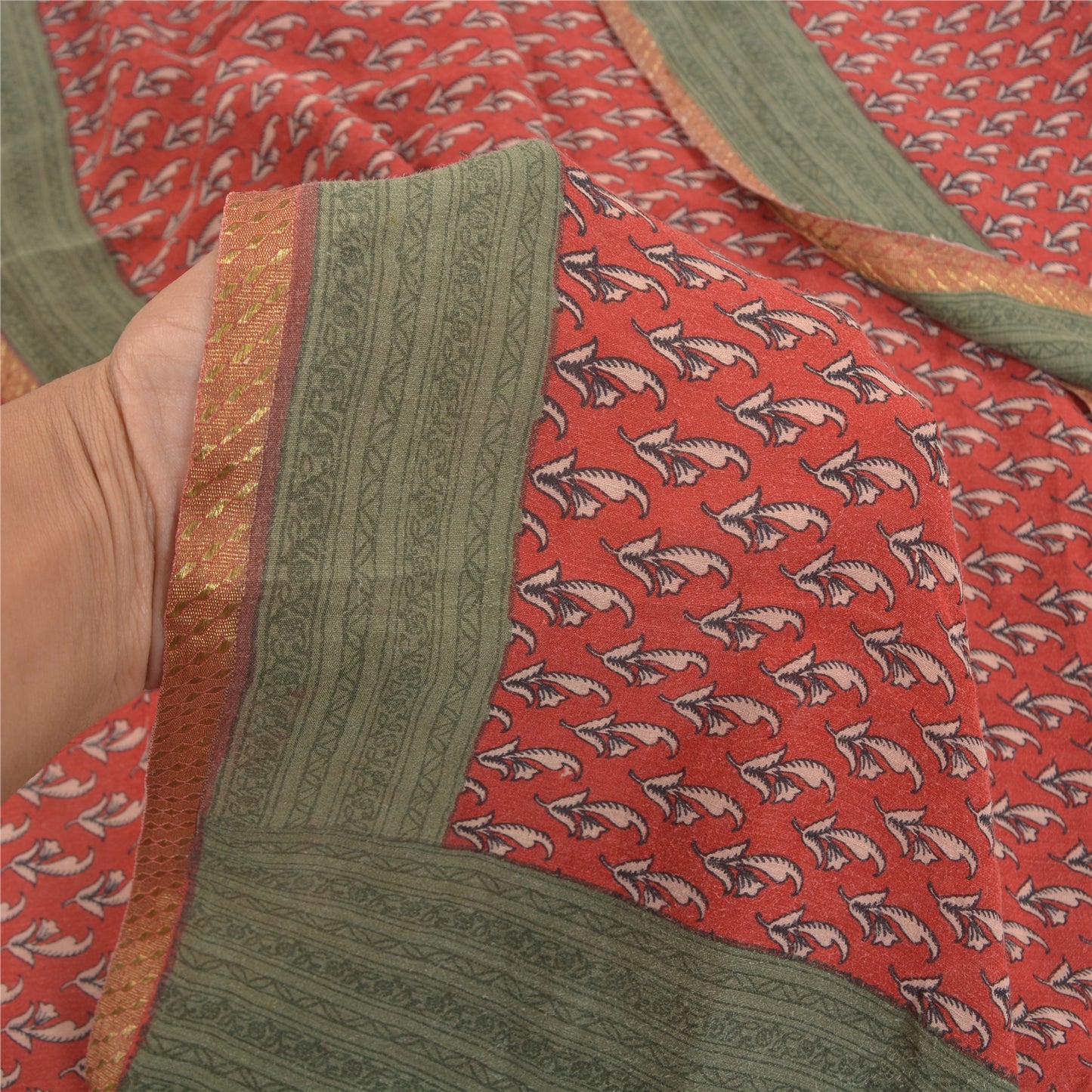 Sanskriti Vintage Red Indian Sarees Pure Crepe Printed Sari 5+yd Craft Fabric