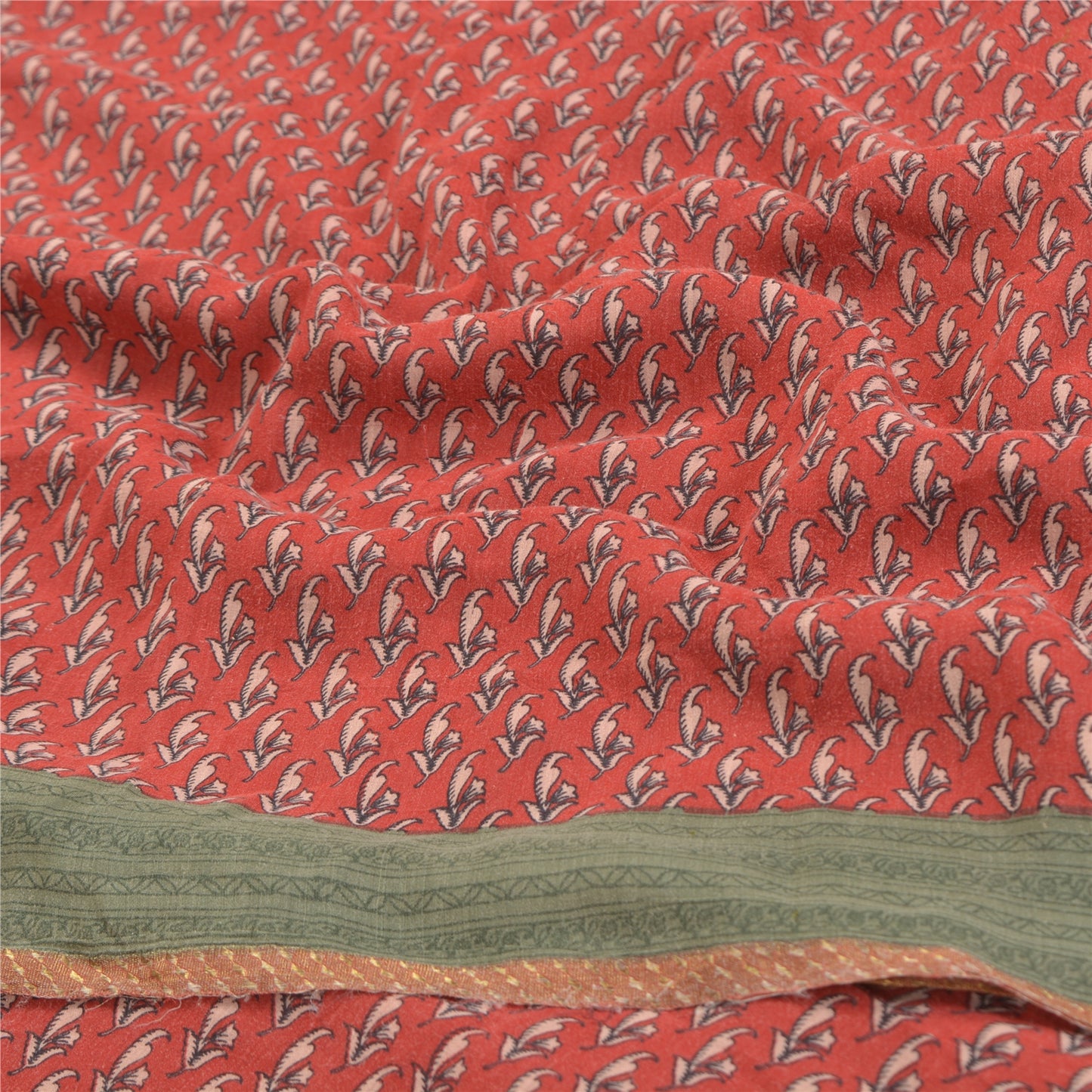 Sanskriti Vintage Red Indian Sarees Pure Crepe Printed Sari 5+yd Craft Fabric