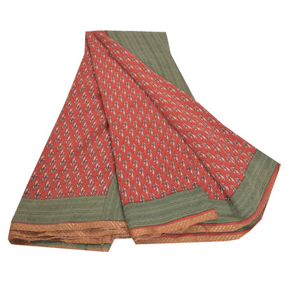 Sanskriti Vintage Red Indian Sarees Pure Crepe Printed Sari 5+yd Craft Fabric