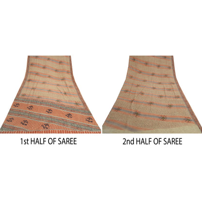 Sanskriti Vintage Sarees Indian Brown Pure Crepe Printed Sari 5 yd Craft Fabric