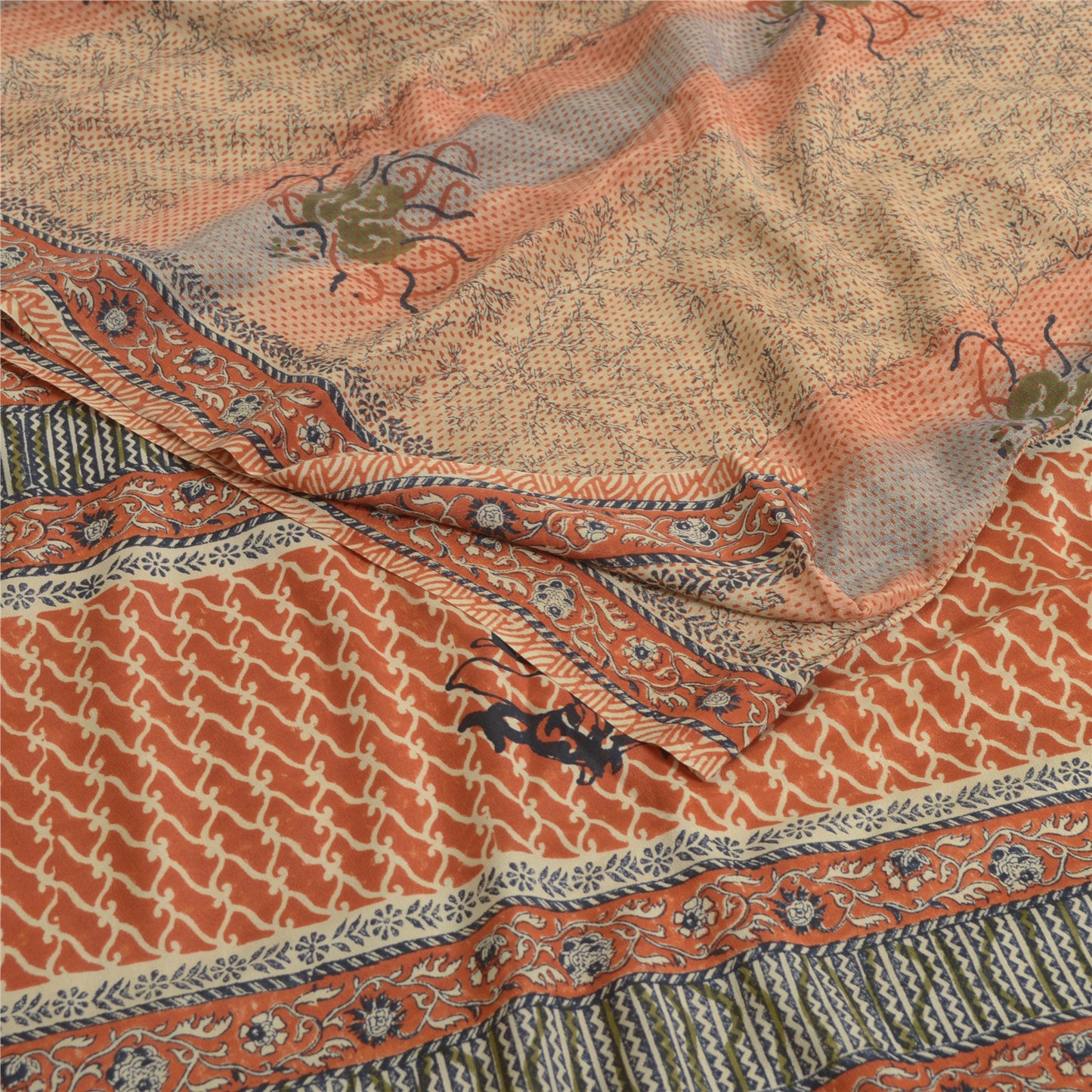 Sanskriti Vintage Sarees Indian Brown Pure Crepe Printed Sari 5 yd Craft Fabric