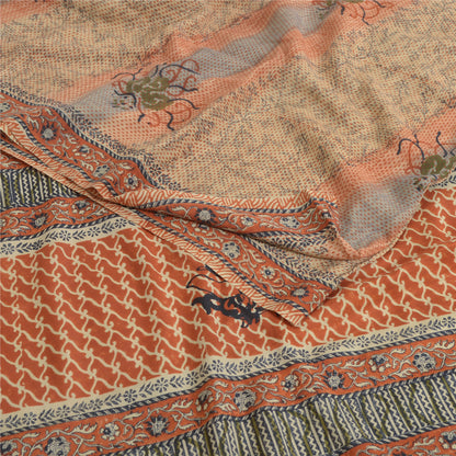 Sanskriti Vintage Sarees Indian Brown Pure Crepe Printed Sari 5 yd Craft Fabric
