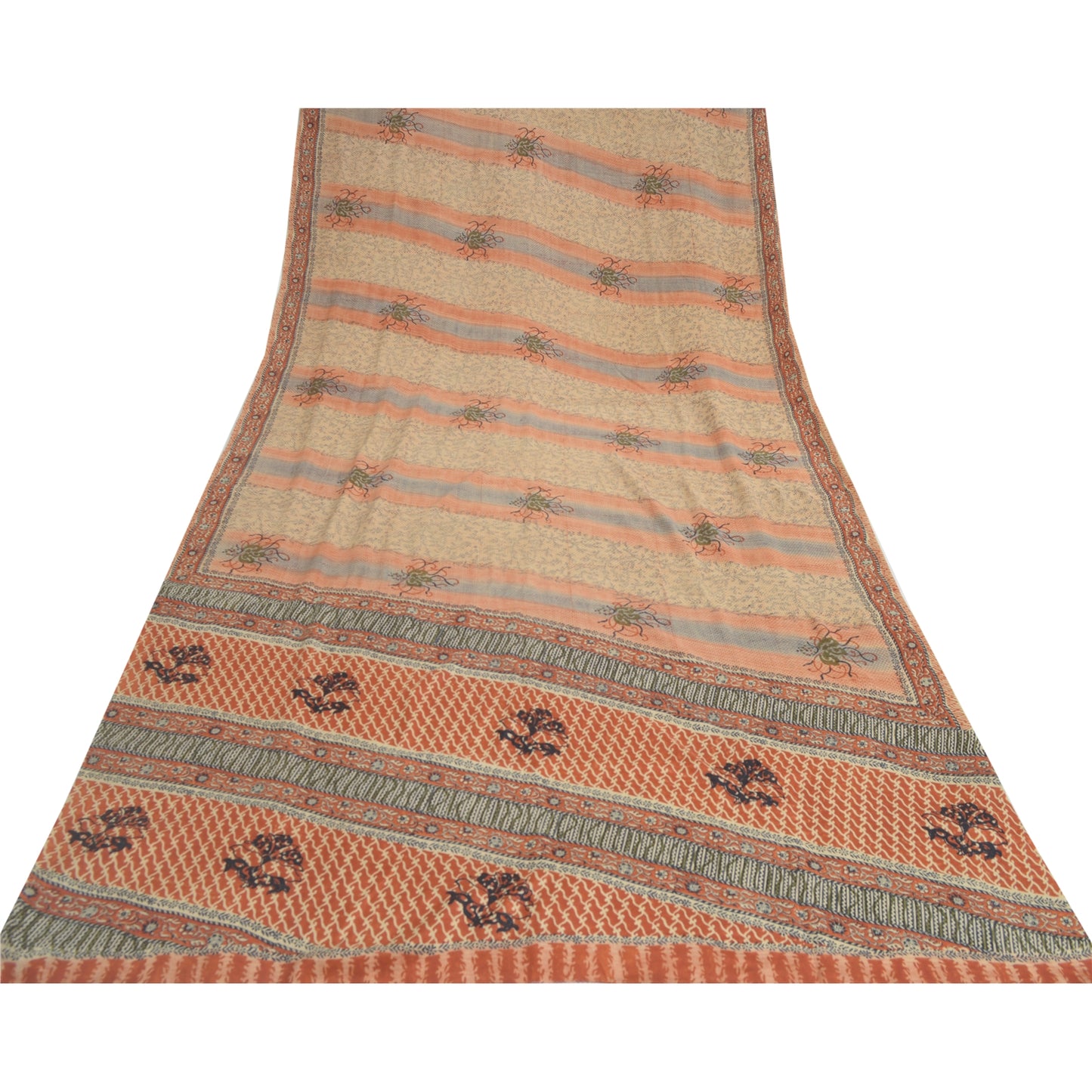 Sanskriti Vintage Sarees Indian Brown Pure Crepe Printed Sari 5 yd Craft Fabric