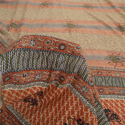 Sanskriti Vintage Sarees Indian Brown Pure Crepe Printed Sari 5 yd Craft Fabric