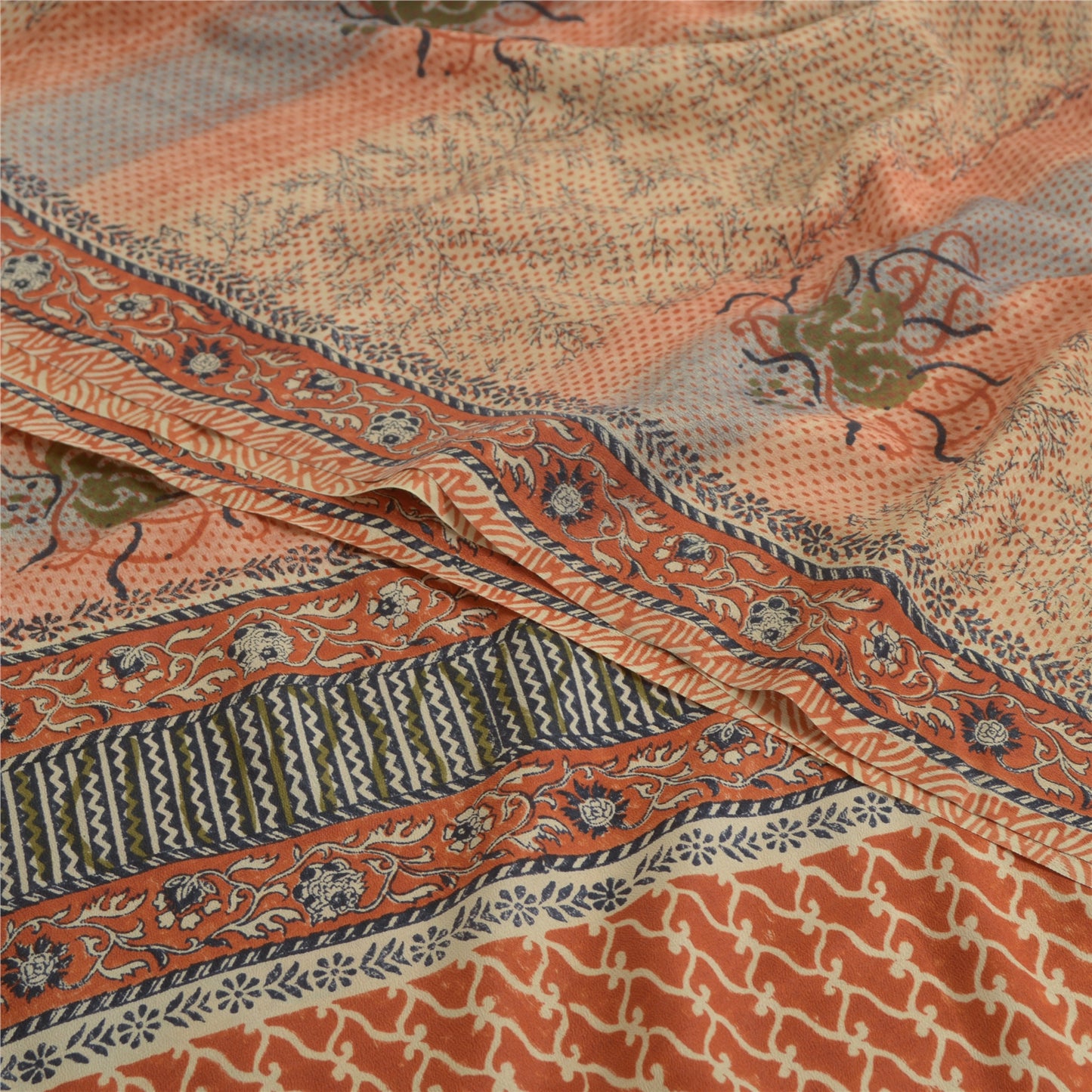 Sanskriti Vintage Sarees Indian Brown Pure Crepe Printed Sari 5 yd Craft Fabric