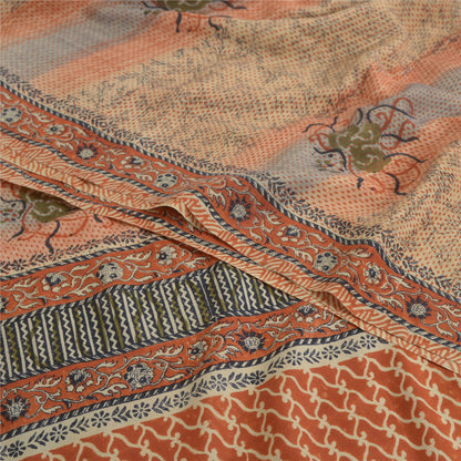 Sanskriti Vintage Sarees Indian Brown Pure Crepe Printed Sari 5 yd Craft Fabric