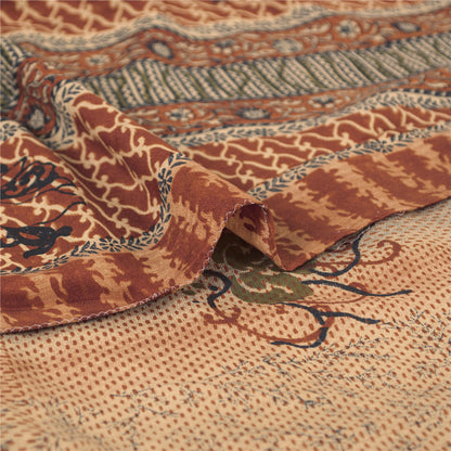 Sanskriti Vintage Sarees Indian Brown Pure Crepe Printed Sari 5 yd Craft Fabric