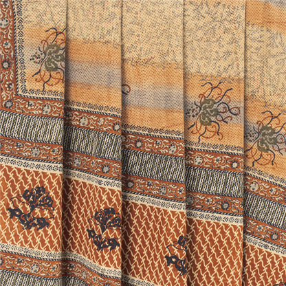 Sanskriti Vintage Sarees Indian Brown Pure Crepe Printed Sari 5 yd Craft Fabric