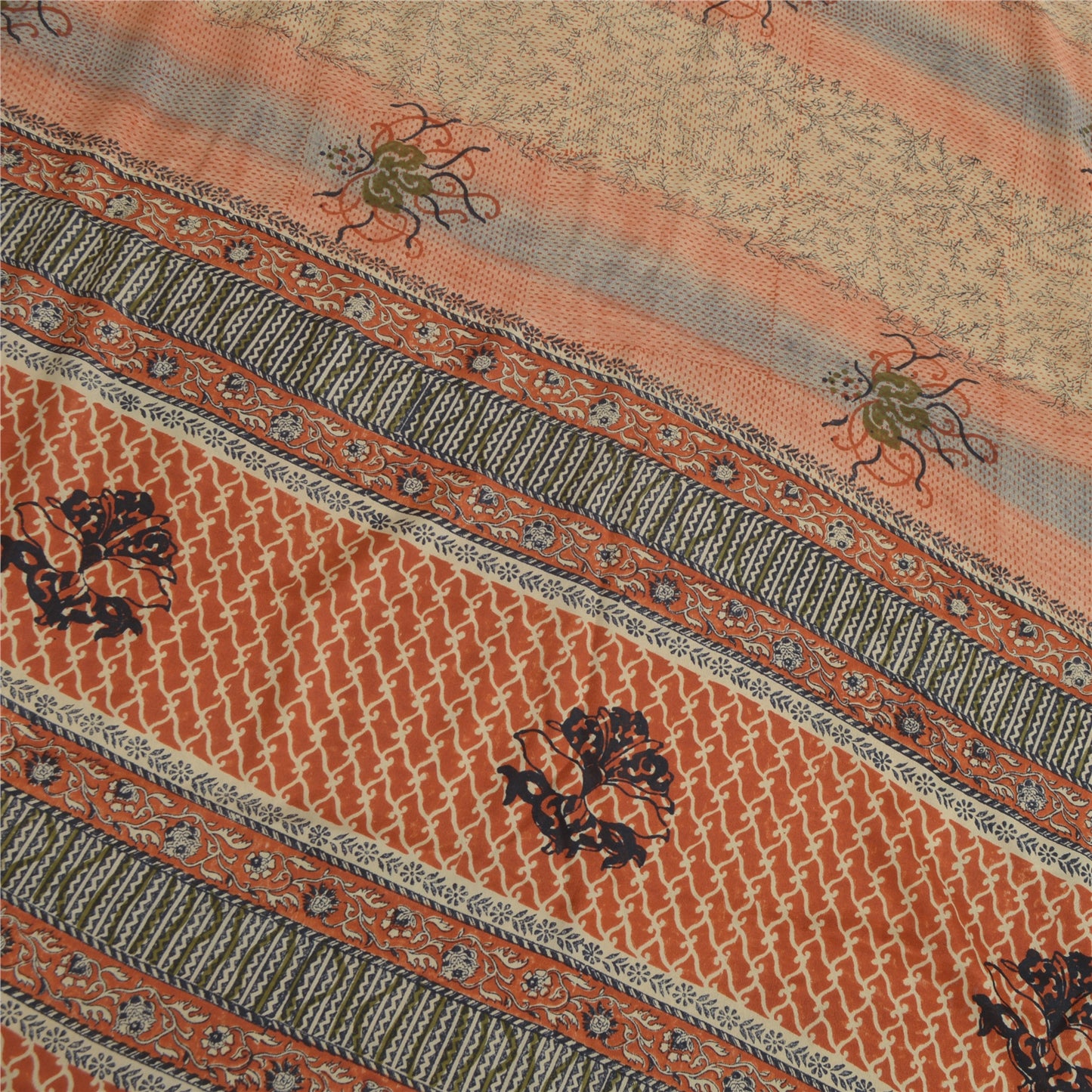 Sanskriti Vintage Sarees Indian Brown Pure Crepe Printed Sari 5 yd Craft Fabric