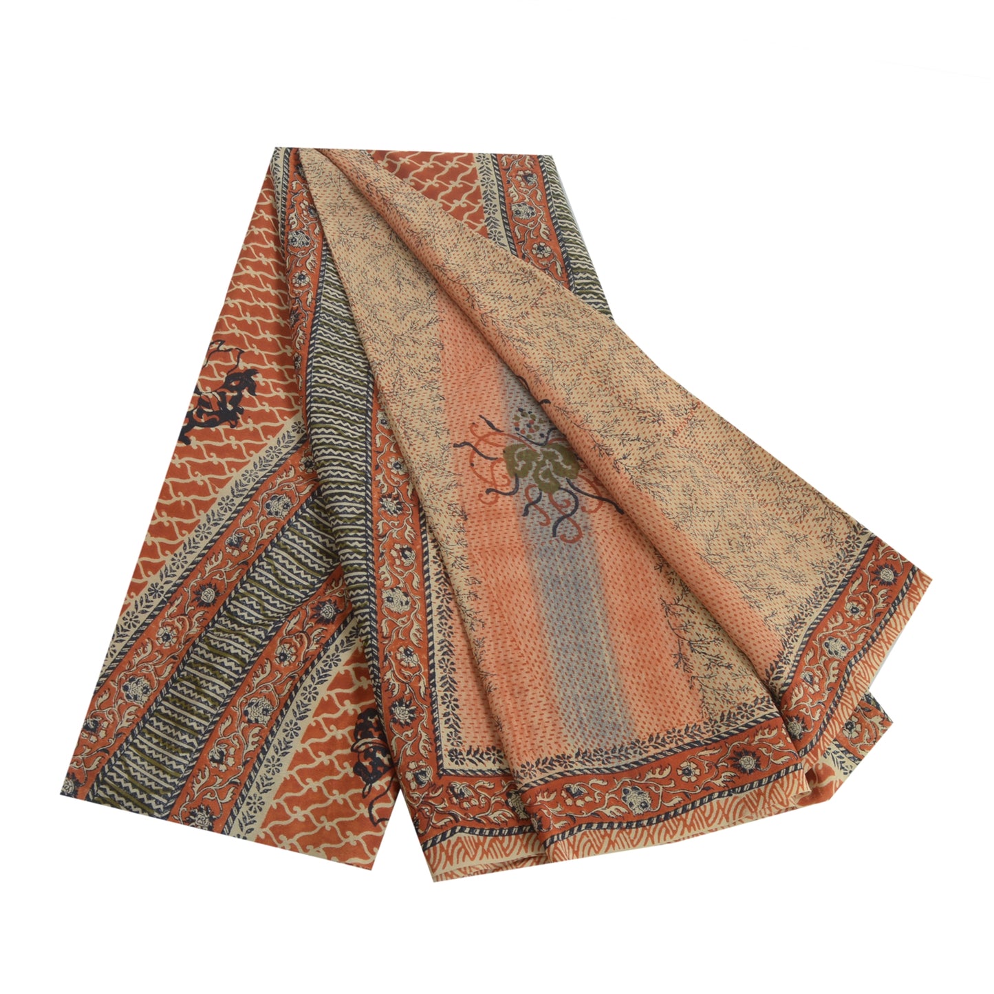 Sanskriti Vintage Sarees Indian Brown Pure Crepe Printed Sari 5 yd Craft Fabric