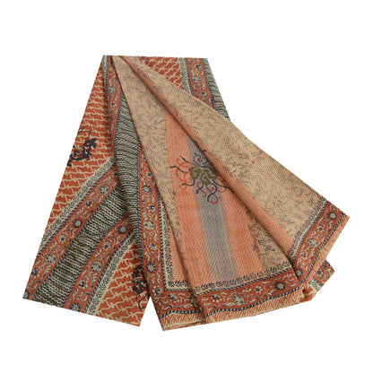 Sanskriti Vintage Sarees Indian Brown Pure Crepe Printed Sari 5 yd Craft Fabric