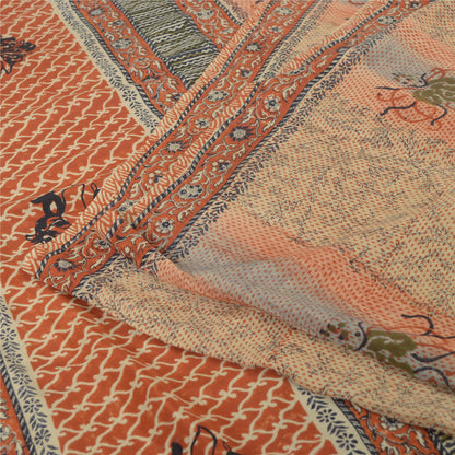 Sanskriti Vintage Sarees Indian Brown Pure Crepe Printed Sari 5 yd Craft Fabric