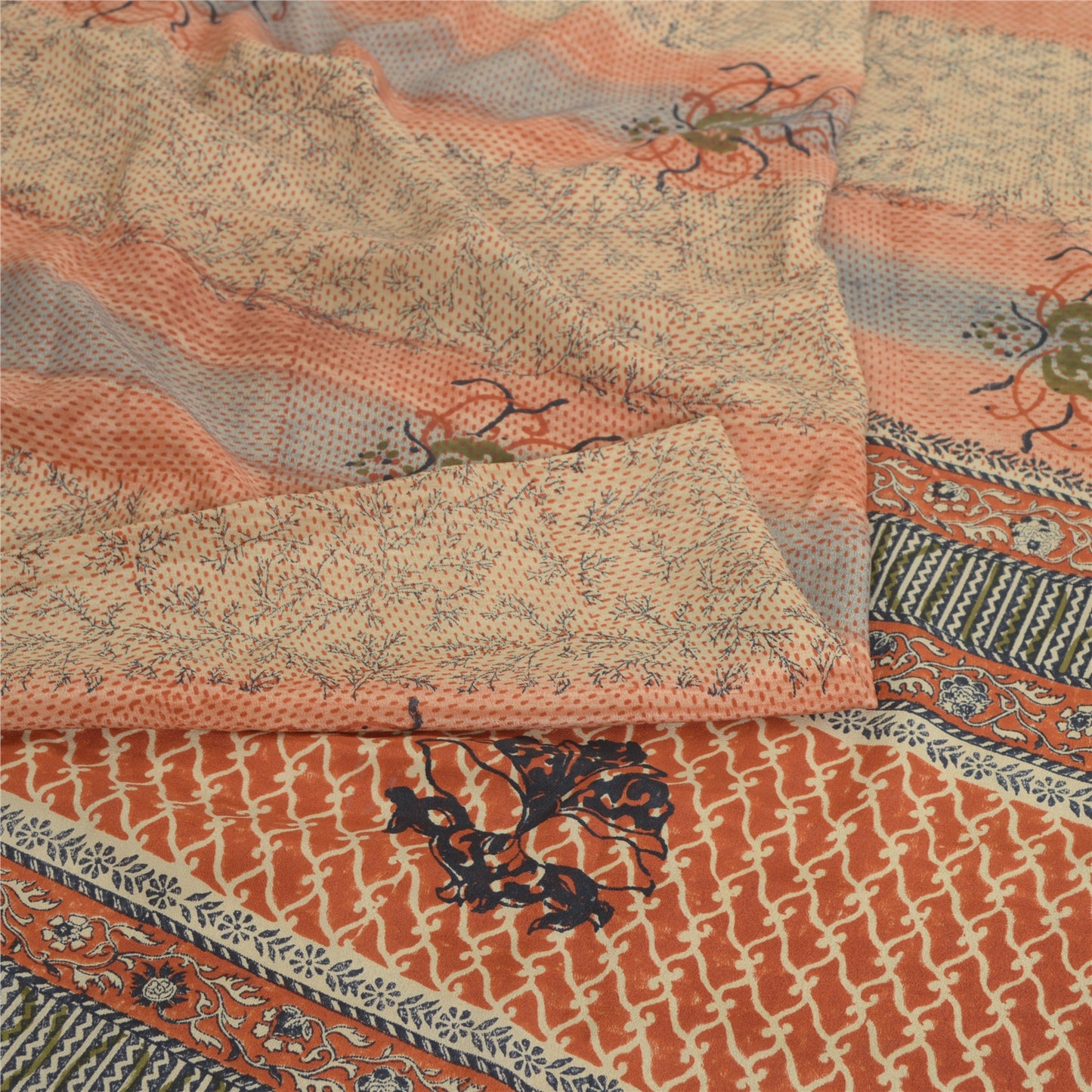 Sanskriti Vintage Sarees Indian Brown Pure Crepe Printed Sari 5 yd Craft Fabric