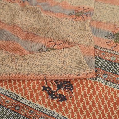 Sanskriti Vintage Sarees Indian Brown Pure Crepe Printed Sari 5 yd Craft Fabric