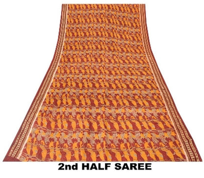 Sanskriti Vintage Red Sarees 100% Pure Crepe Silk Printed Sari 5YD Craft Sustainable Fabric