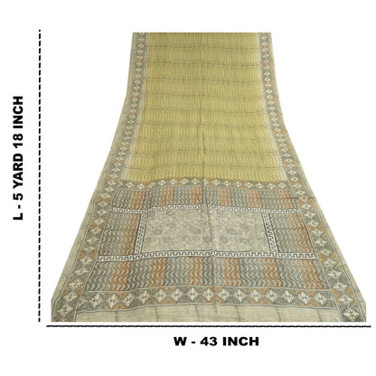 Sanskriti Vintage Saree Green Pure Crepe Silk Floral Printed Sari 5.5+Yd Fabric