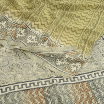 Sanskriti Vintage Saree Green Pure Crepe Silk Floral Printed Sari 5.5+Yd Fabric