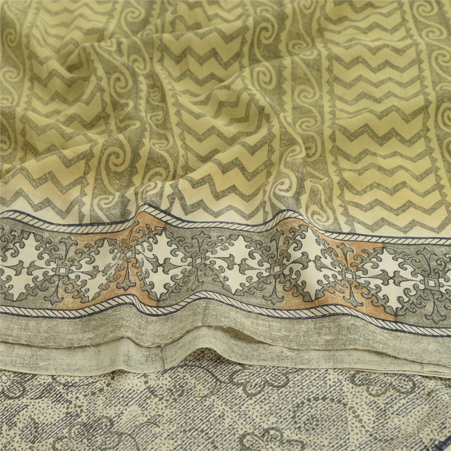 Sanskriti Vintage Saree Green Pure Crepe Silk Floral Printed Sari 5.5+Yd Fabric